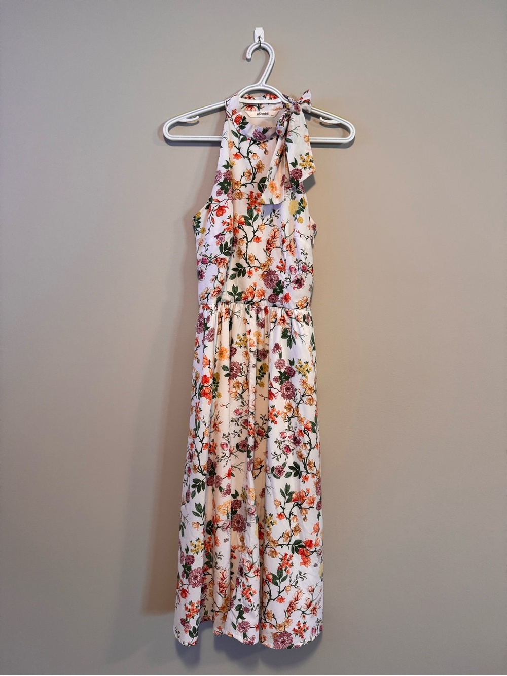 eShakti Cream Floral Tie-Neck Dress with Pink & Orange Blooms